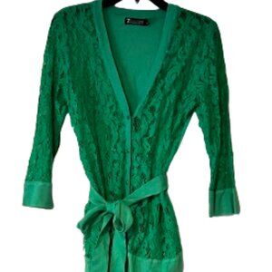 New York & Co Green Lace Cardigan with Tie Waist - Medium